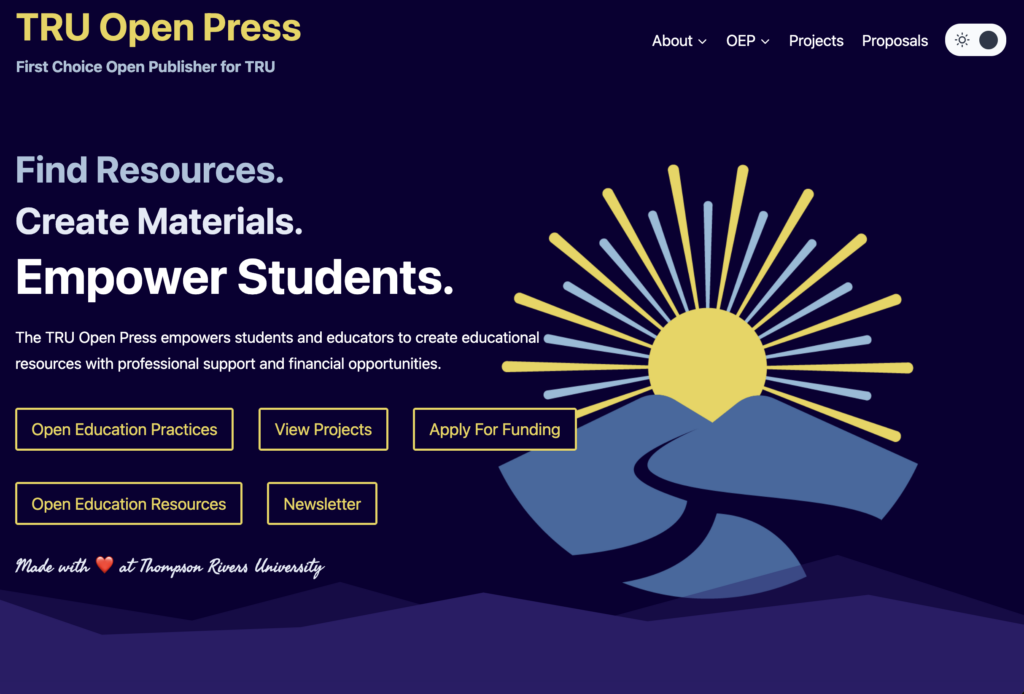 Infographic titled “TRU Open Press” showing a flow of open publishing steps including Create, Review, Publish, and Share, with icons representing each stage in the open education publishing process.